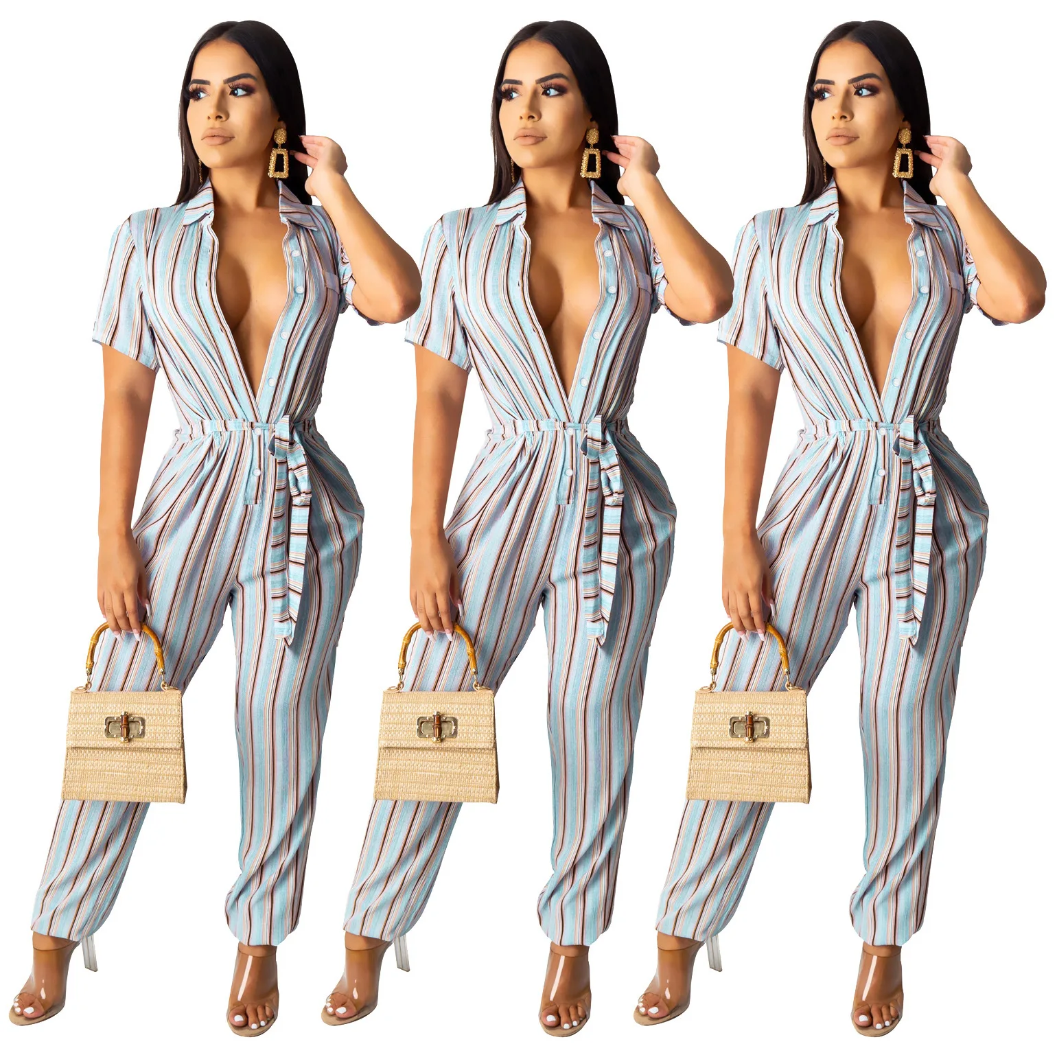 2022 Summer Office Lady New Casual Striped V-Neck Printed Short-Sleeved Breathable Jumpsuits for Women