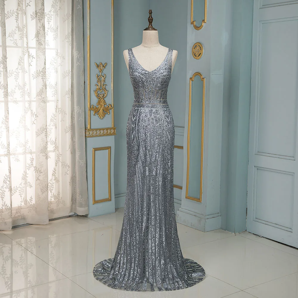 

DressbLee 2020 new V-neck evening dress luxury real shot photo fashion mermaid sequined evening dress
