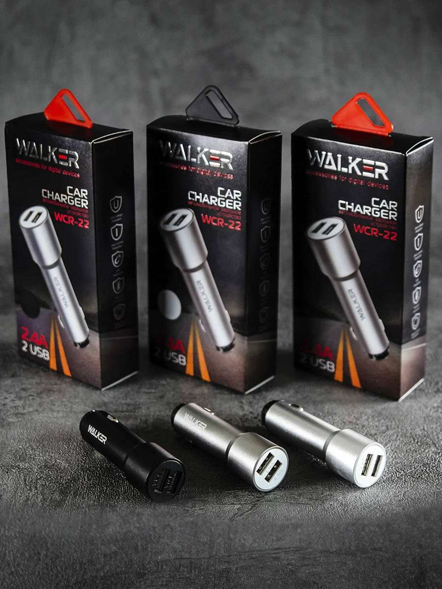 Автомобильное зарядное устройство WALKER WCR-22 с 2-мя USB-портами удлиненный корпус 2.4A |