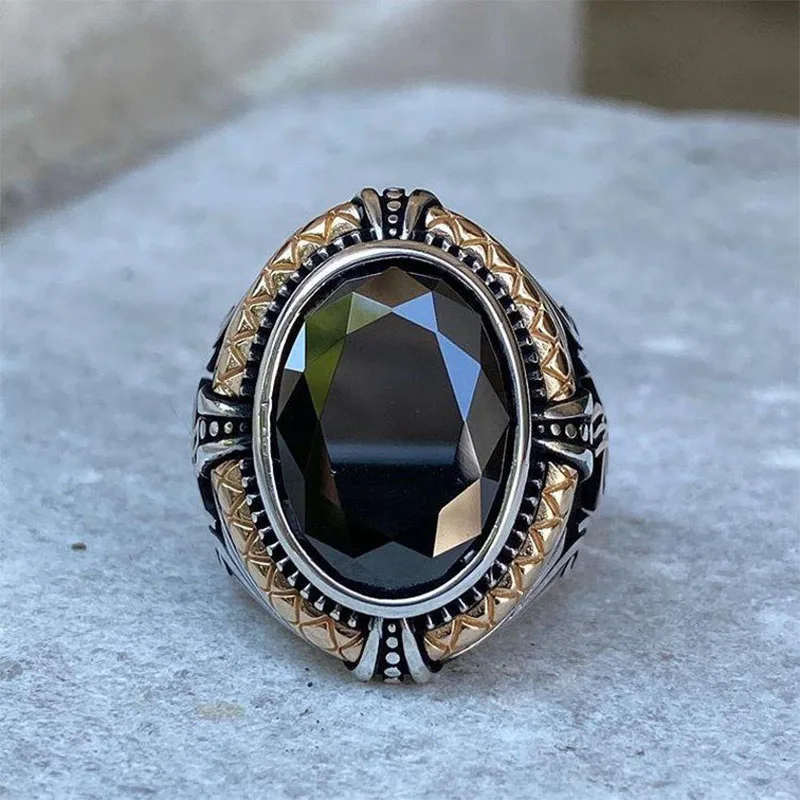 

Handmade Ottoman Sign Green Gold Zircon Man Silver Ring, Oval Zircon Silver Men Ring, Silver Zircon Man Ring