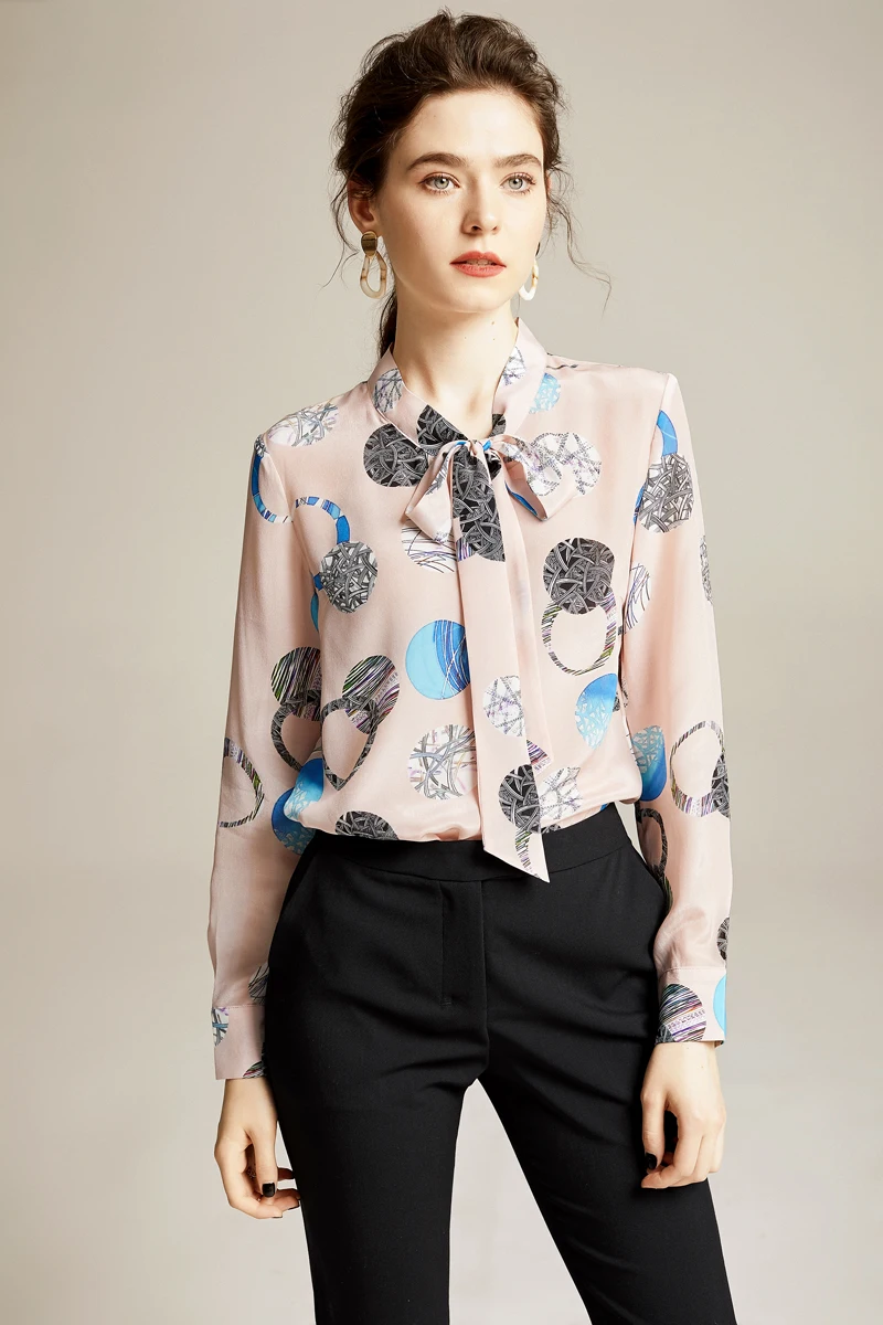 100% Pure Silk Women's Runway Shirts Bow Collar Long Sleeves Printed Elegant Spring Summer Casual Fashion Blouse Tops Shirt | Женская