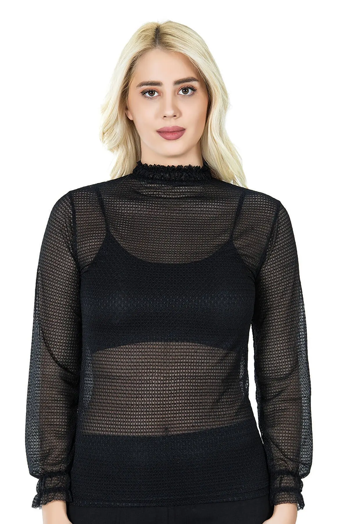 

Derya Kursun Women's Black Turtleneck Mesh Transparent Detailed Athlete