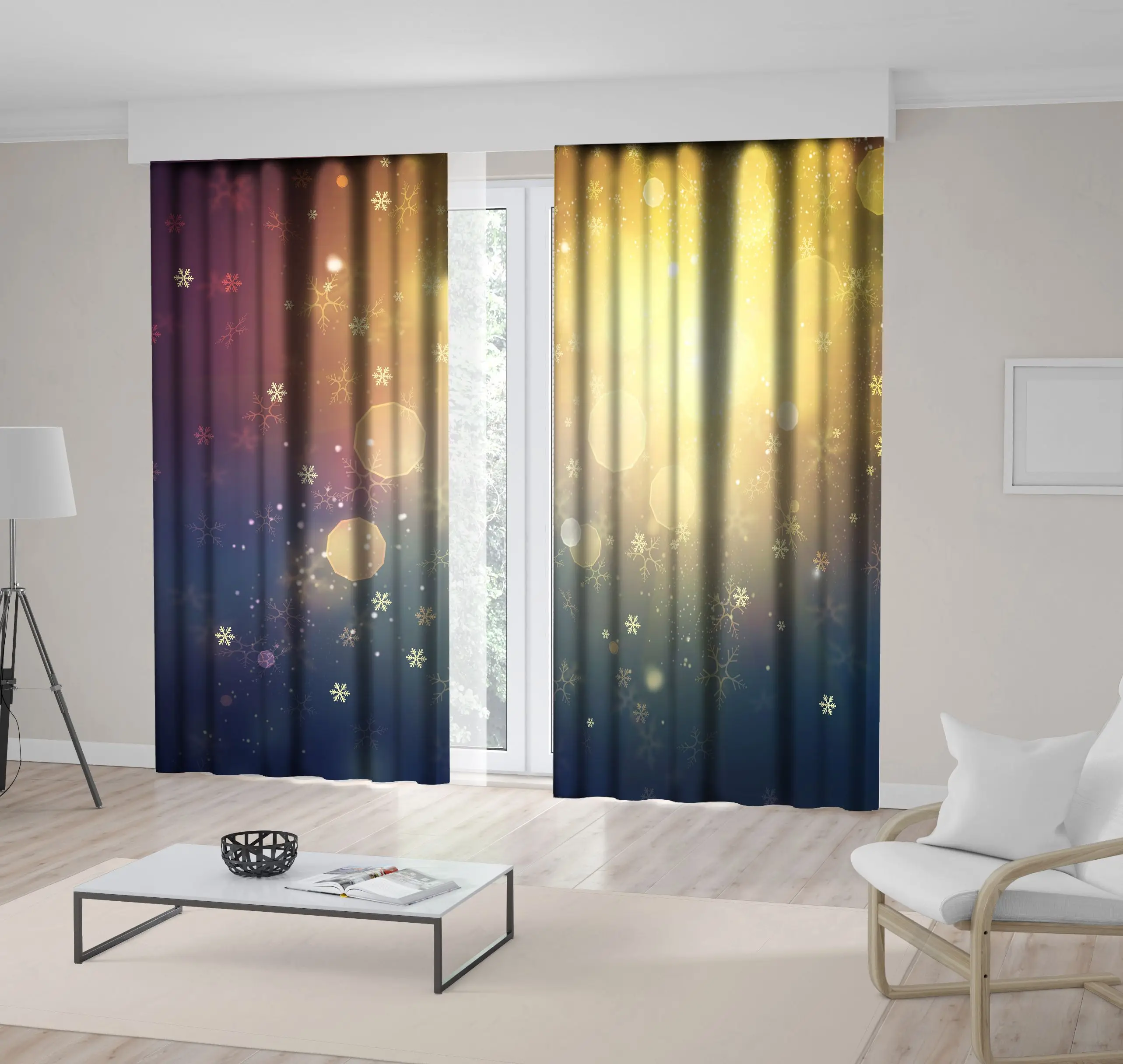

Curtain Snowflakes Stars and Street Light Christmas Holiday Season Magical Winter Night View Yellow Blue Purple