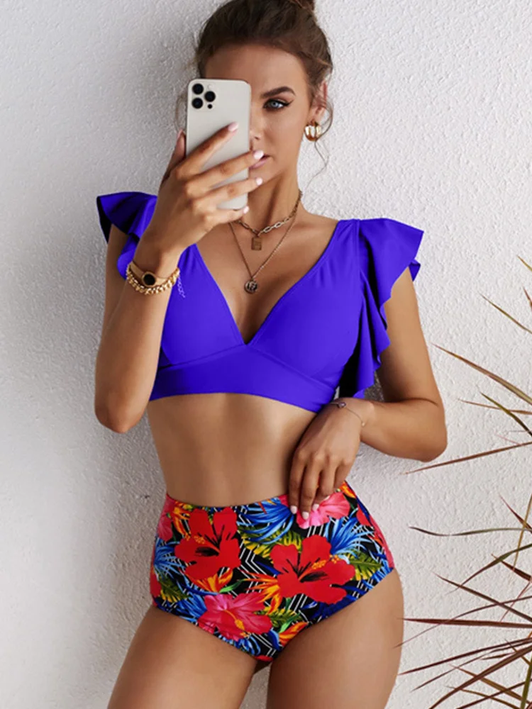 

Ruffle Swimsuit Feminino 2022 Bikini High Waist Swimwear Floral Print Bikini Set Bathing Suit Women Push Up Biquini Beach Wear