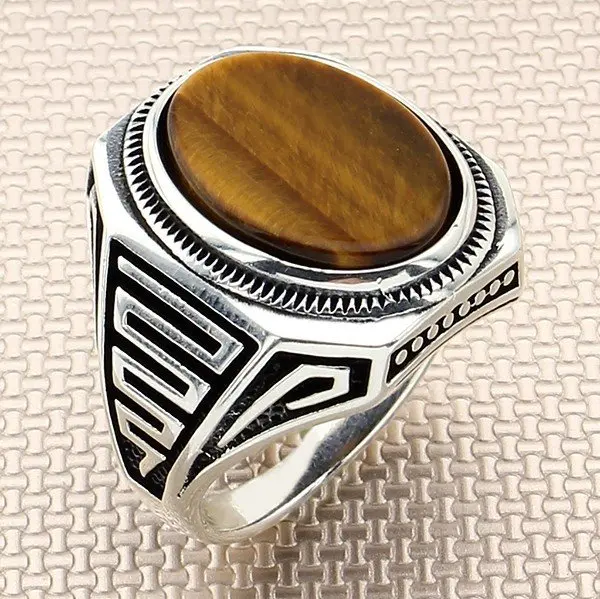 

Straight Oval Brown Tiger Eye Stone Silver Ring Men Silver Ring With Symmetrical Motif Made in Turkey Solid 925 Sterling Silver