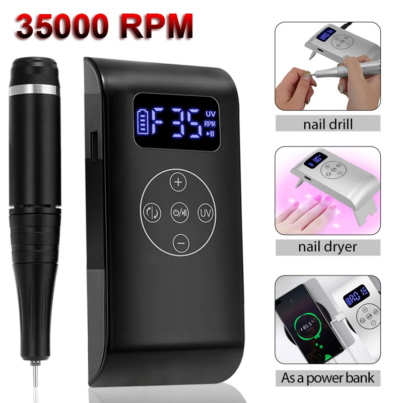 

35000RPM Nail Drill Machine Brushless Electric Nail Drill Milling Cutter Manicure with UV LED Nail Lamp Professional Nail Sander