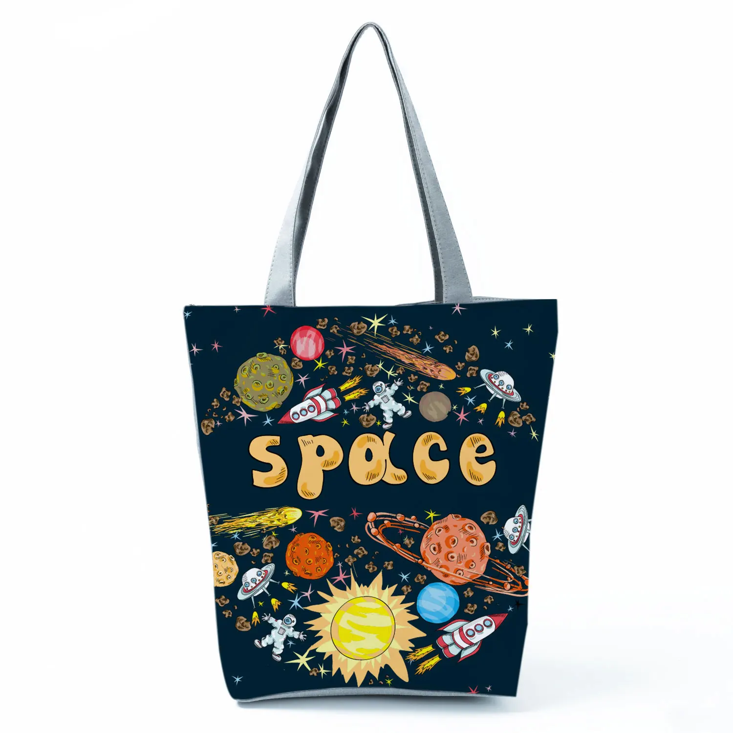 

Universe Planet Pattern Black Printed Shoulder Bag Eco Friendly Portable Women's Casual Bag High Capacity Practical Shopping Bag