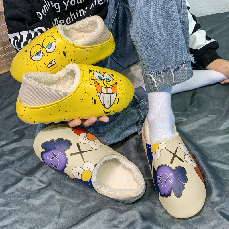 

New Unisex Bread Cotton Slippers Fashion Graffiti Indoor Outdoor Anti Slip Cartoon Shoes Sports Warm Men Slides Women Sandals