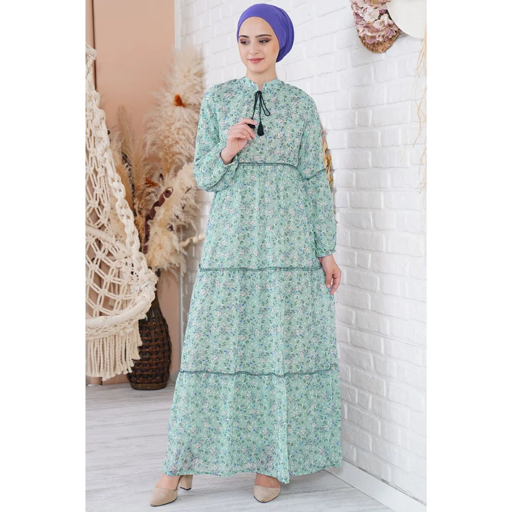 Floral Pattern Tasseled Chiffon Dress Fast Delivery Trend muslim dress women abaya kaftan modest dress abayas for women abaya tu