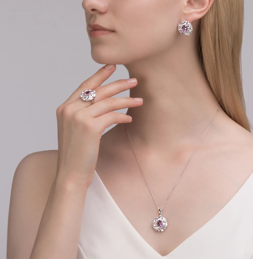 Серебряное кольцо с аметистом и фианитами SUNLIGHT проба 925|Кольца| |