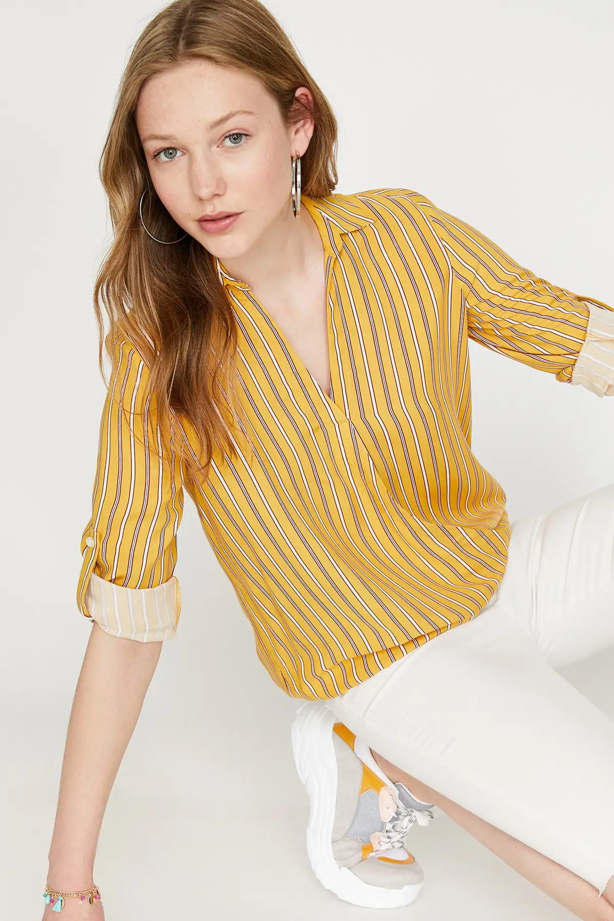 Coton женский горчичный полосатый блузка 9YAL68302IW|Блузки| |