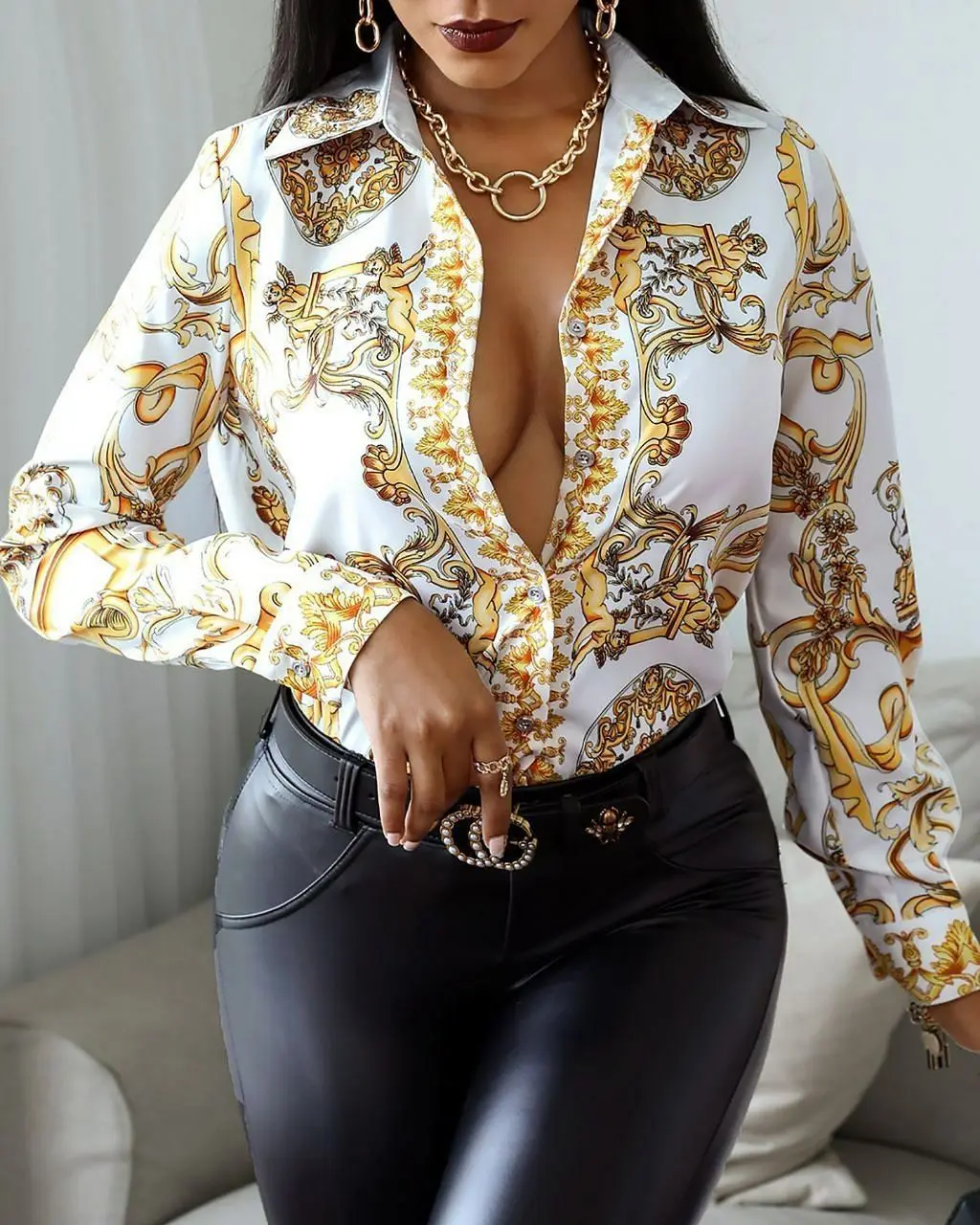 

Fashion Luxury Women Slim Shirt Long-sleeved Top High-waist