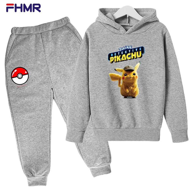 

Boys' and girls' sportswear 2D cute Pikachu printed Hoodie Sweatshirt pants set loose and comfortable