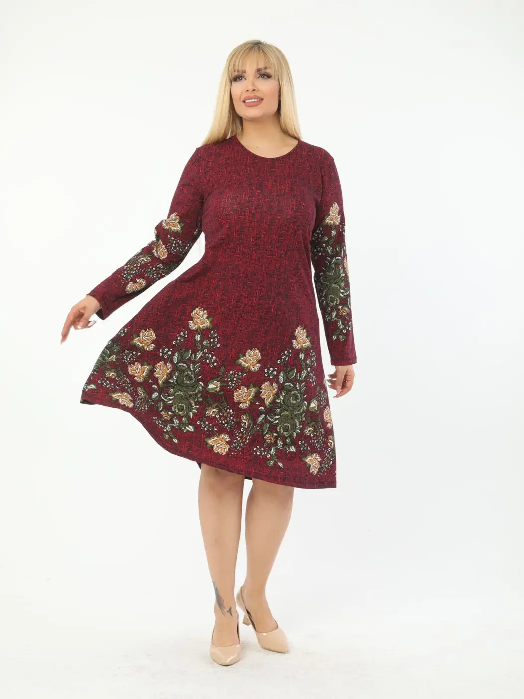

Plus Size Women Clothing 2022 Summer Casual Dressing Floral Burgundy Long Sleeve Knee-Length Lycra Knitted Crepe Made in Turkey