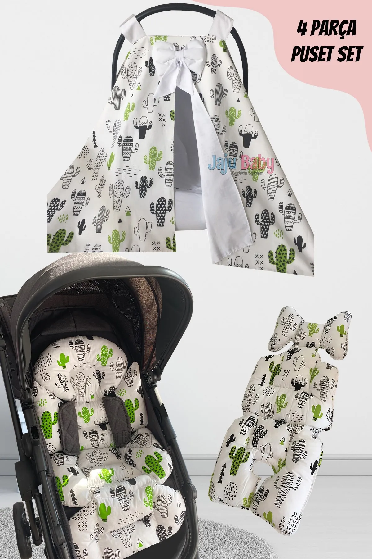 Jaju Baby Handmade, Cactus Patterned 4-Piece Stroller Set (With Handle)