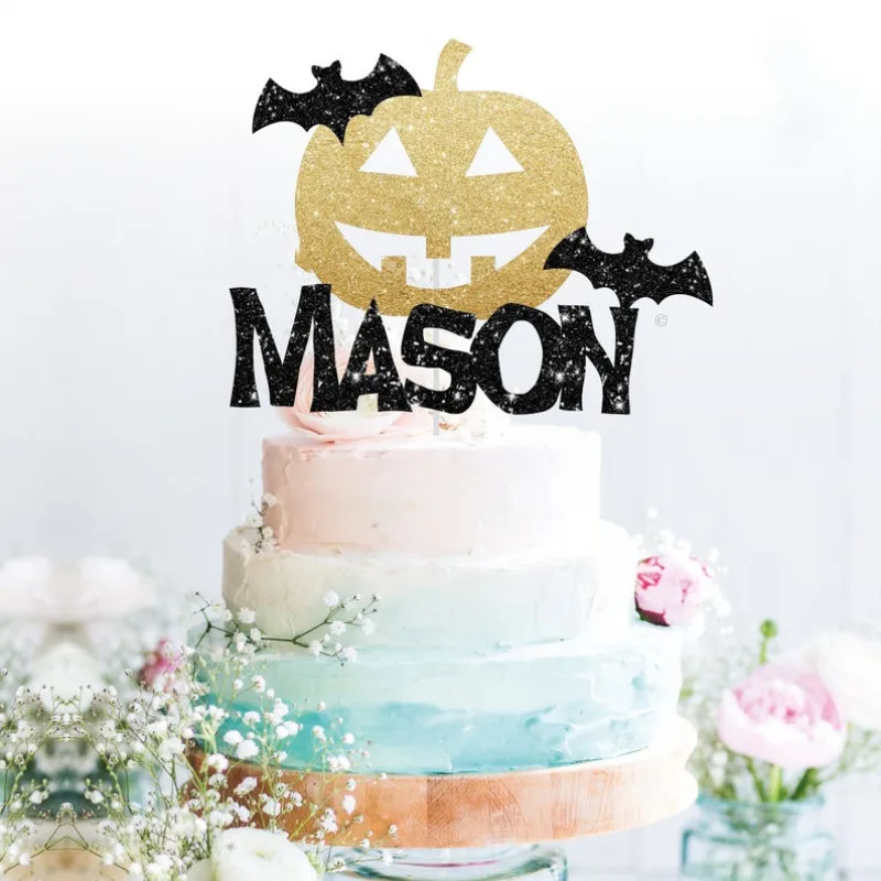 

Custom name glitter cake topper Halloween topper, halloween party, pumpkin birthday bat cake topperParty Decorations
