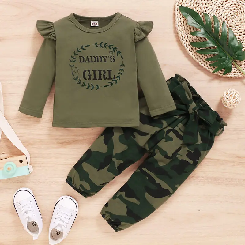 

Spring Clothes For Toddler Girls Long Sleeve Army Green Daddy's Girl T-shirt And Camouflage Pants Outfits Kids Girls Clothes Set
