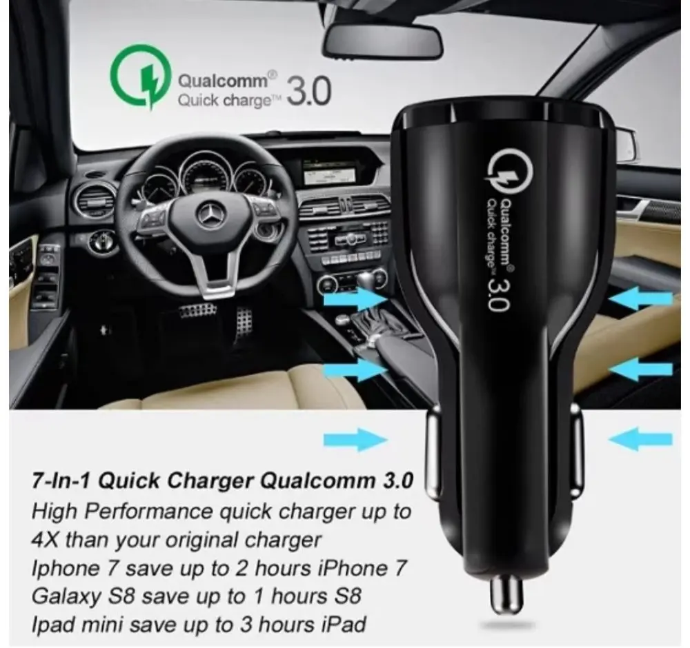 USB мобильный телефон автомобильное зарядное устройство-Qualcom 3,0 Быстрая зарядка+ 1 м Ультра быстрый кабель+ отслеживание груза samsung Iphone