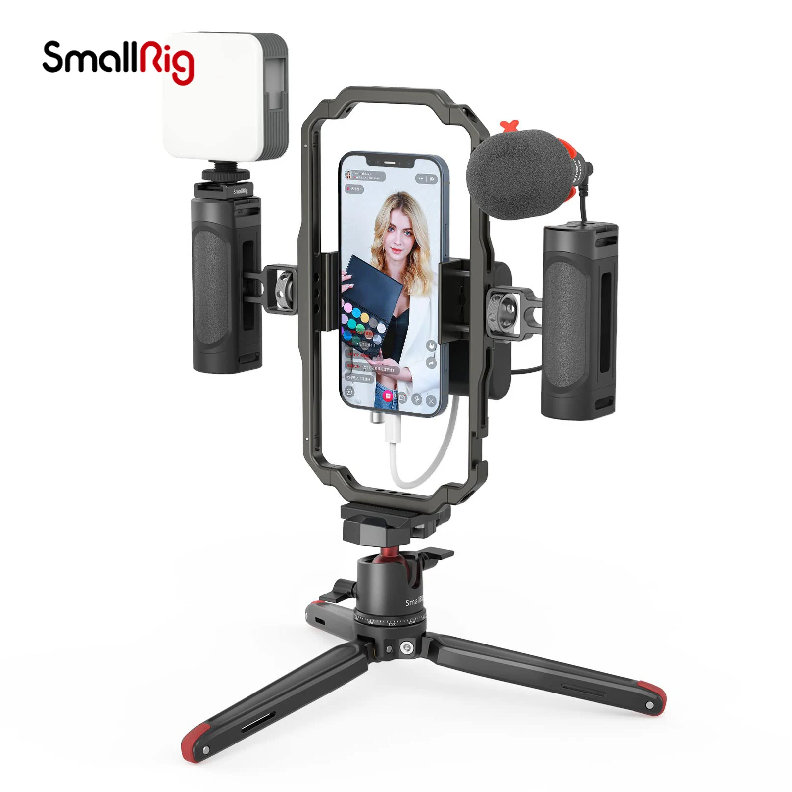 SmallRig Universal Phone Vlog Tripod Video Rig kit for iPhone 13 12 Case Cage with 2 Handle Microphone Light for  iPhone 14
