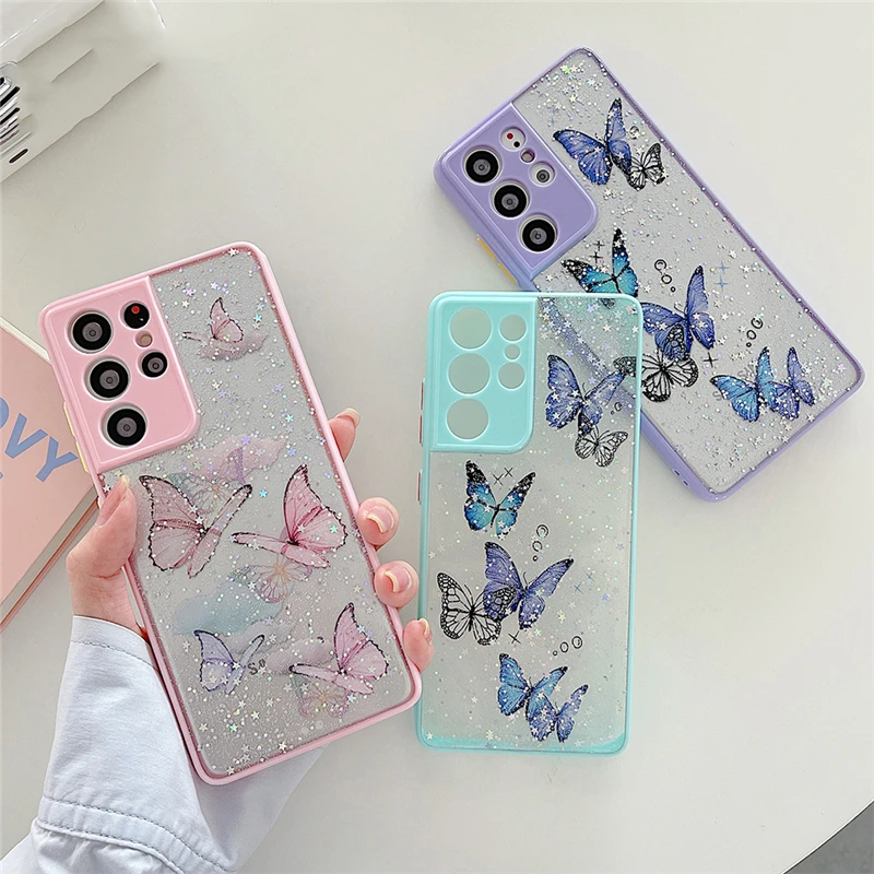 

Transparent Glitter Butterfly Phone Case For Samsung S21 S20 FE A52 A72 A32 A51 A71 Note 20 Shining Shockproof Soft Back Cover