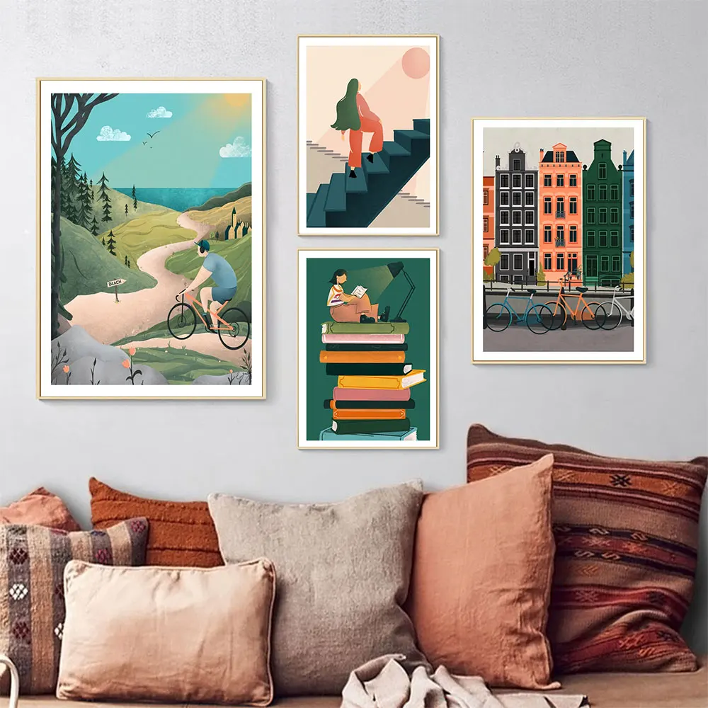 

Amsterdam House Posters Print Boy Biking Canvas Painting Reading Girl Walking Towards The Light Wall Art Pictures Home Decor