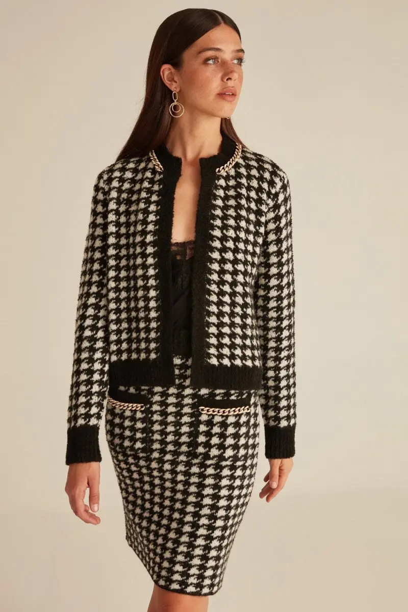 Joinus Houndstooth Pattern Knitted Jacket With Chain Detail Woman Cardigan Black