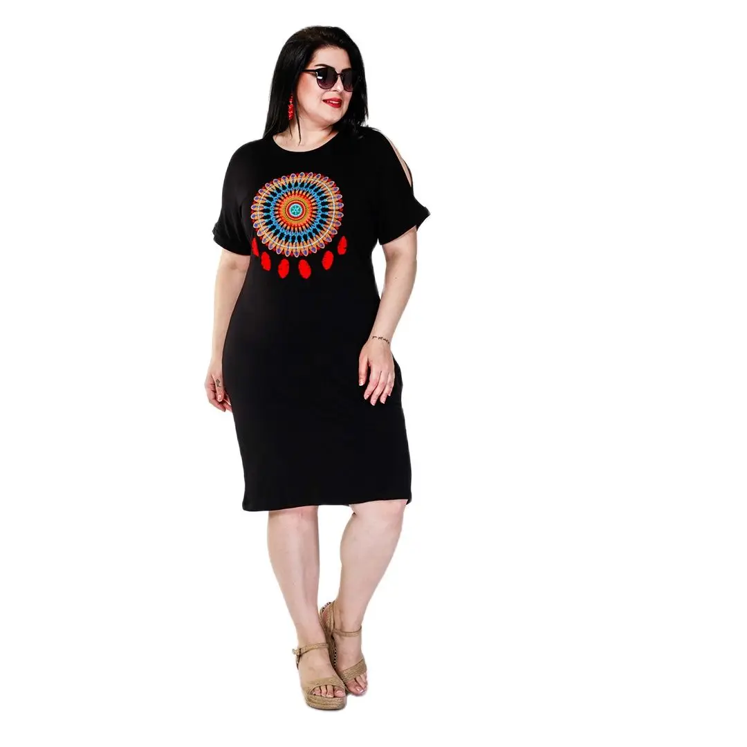 Women’s Plus Size Dreamcatcher Embroidery Detail Black Dress, Designed and Made in Turkey, New Arrival