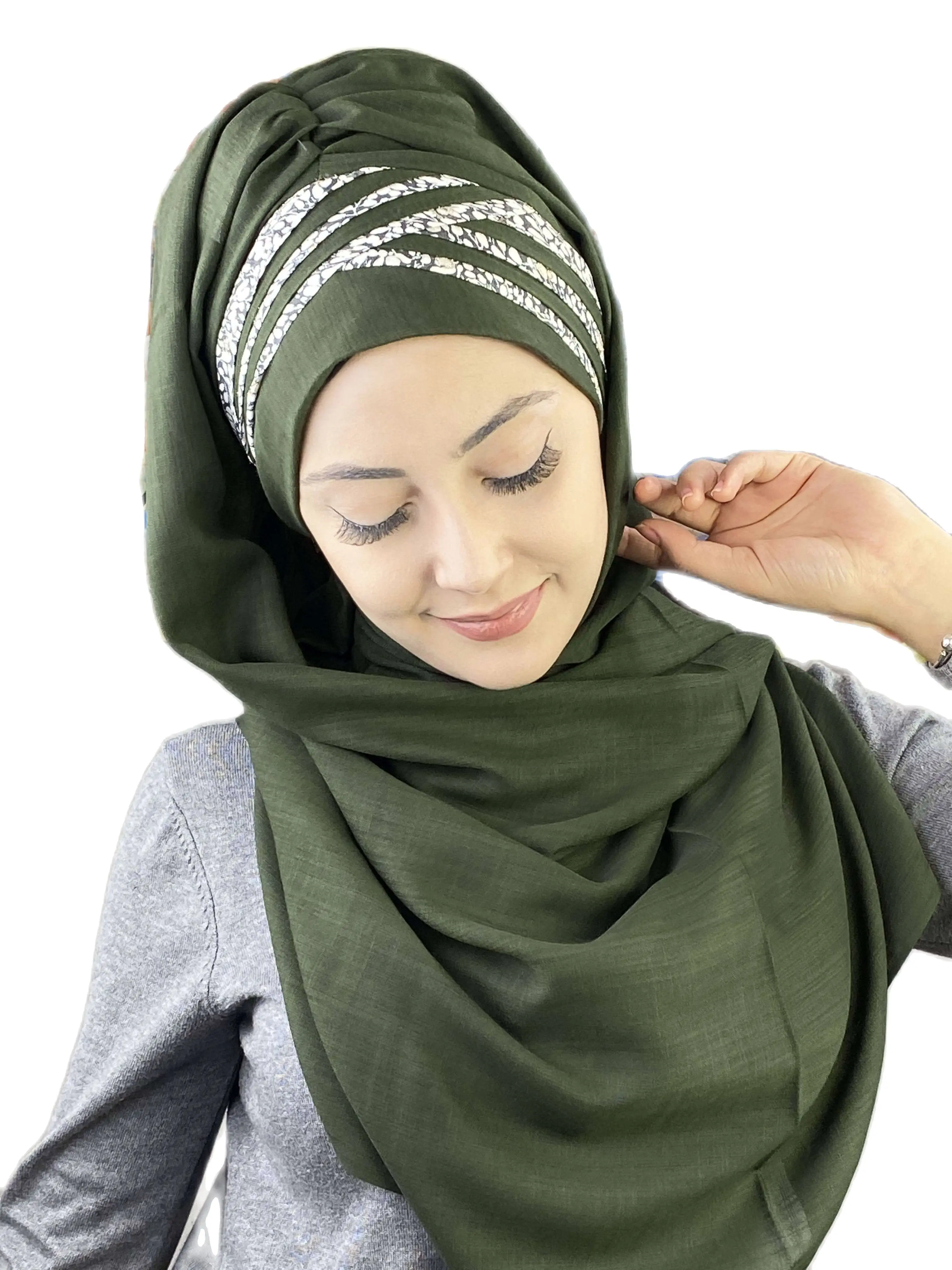 2022 Hijab Women's Hat Spring Summer New Fashion Islam Scarf Bonnet Muslim Glittery White Spotted Dark Green Cross Draped Shawl