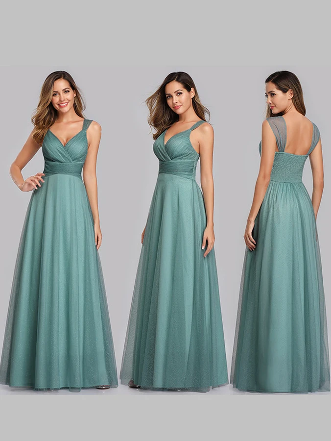 Sweet Bridesmaid Dresses Long Dress Plus Size A Line Straps V Neck Floor Length Sleeveless Tulle Sparkle For special Occasion | Свадьбы и