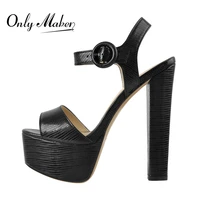 onlymaker ankle buckle platform sandals transparent metal square heels pointed toe matte black crocodile print shoes big size