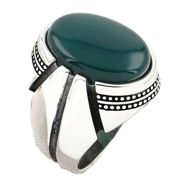 

Classic Plain Design 925 Sterling Silver Men's Ring with Oval Green Agate Natural Stone Jewelry Gift for Grandfather for Father