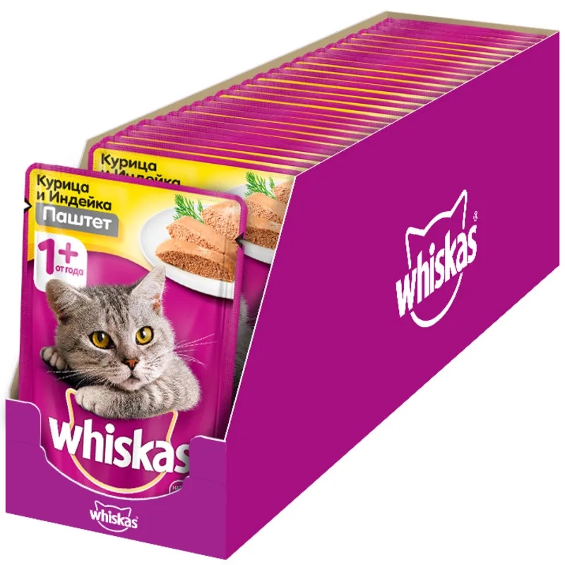 Влажный корм для кошек Whiskas паштет с курицей и индейкой 24 шт по 85г. | Дом сад