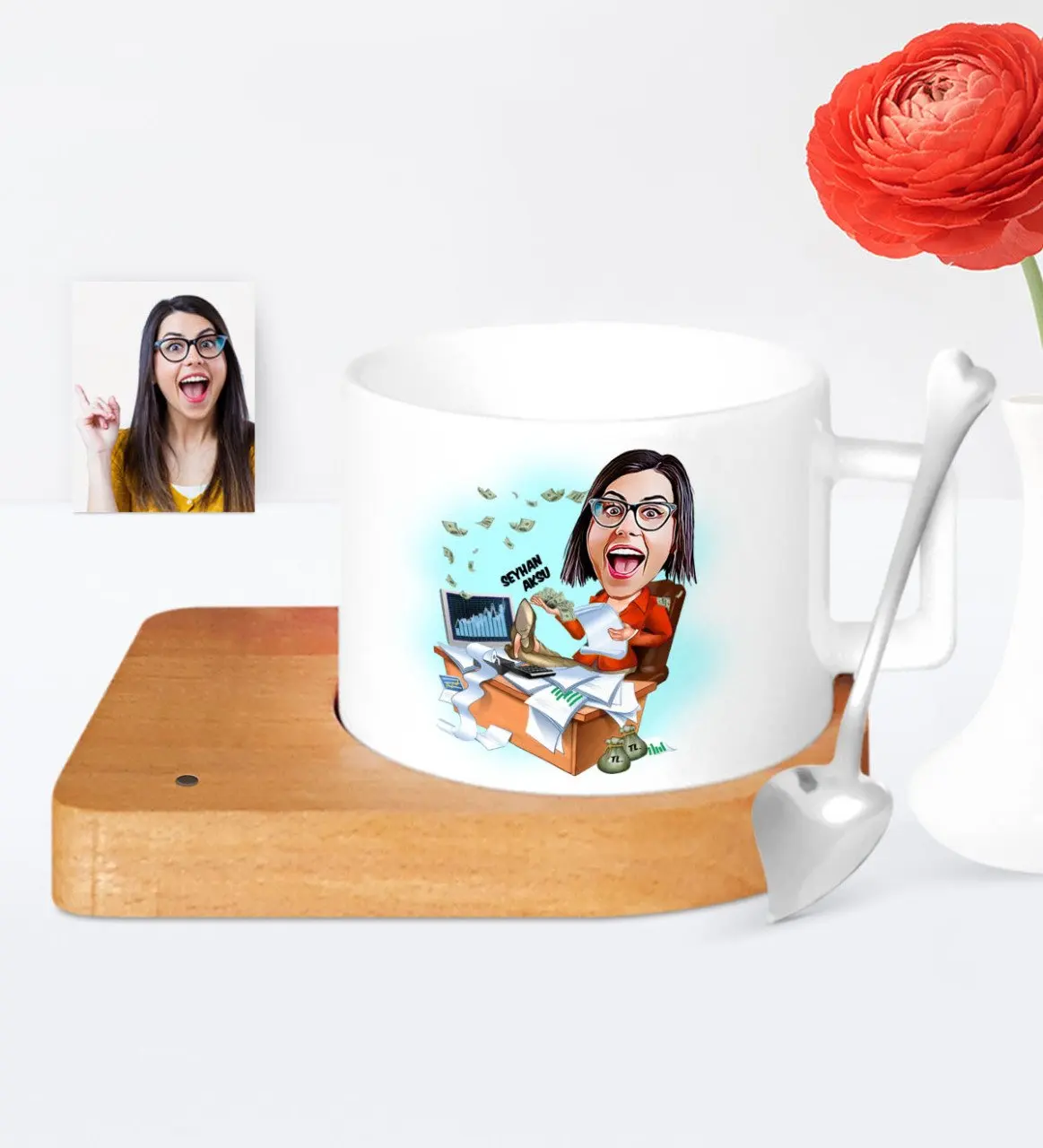 

Personalized Women 'S Banker Cartoon Wooden Altlıklı Ceramic Cup-2