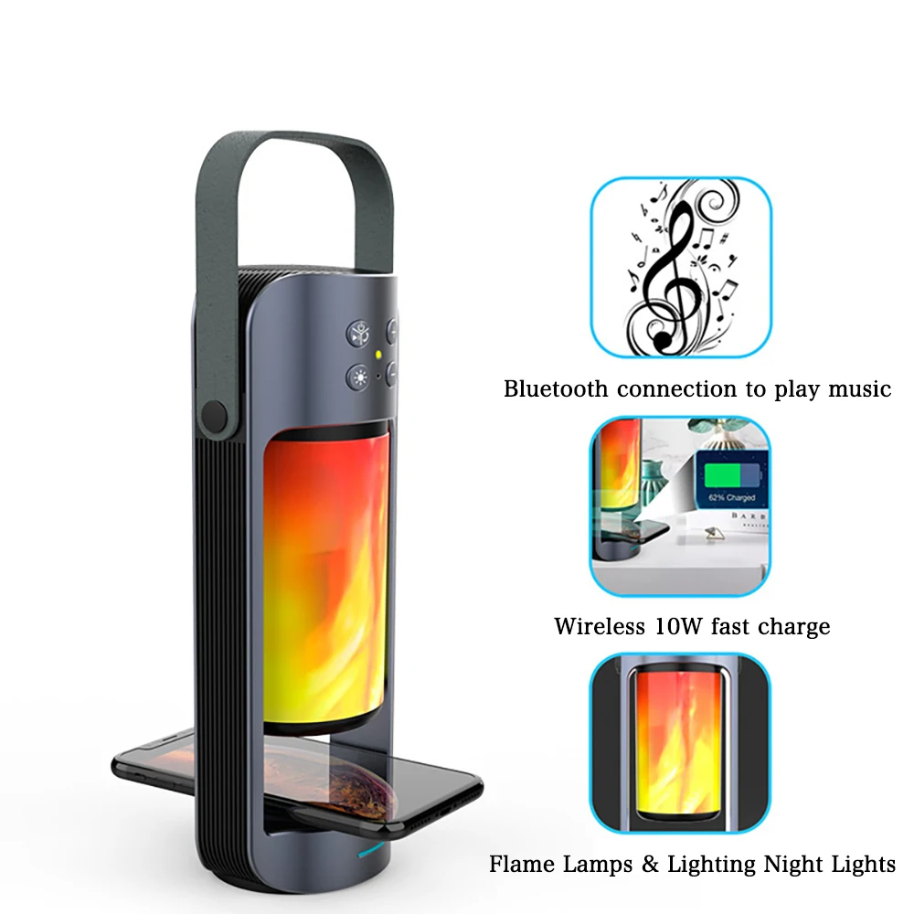 

portable lantern bluetooth speaker with 10w wireless charger Alpha Flame Lamp Multifunction high quality stereo wireless speake