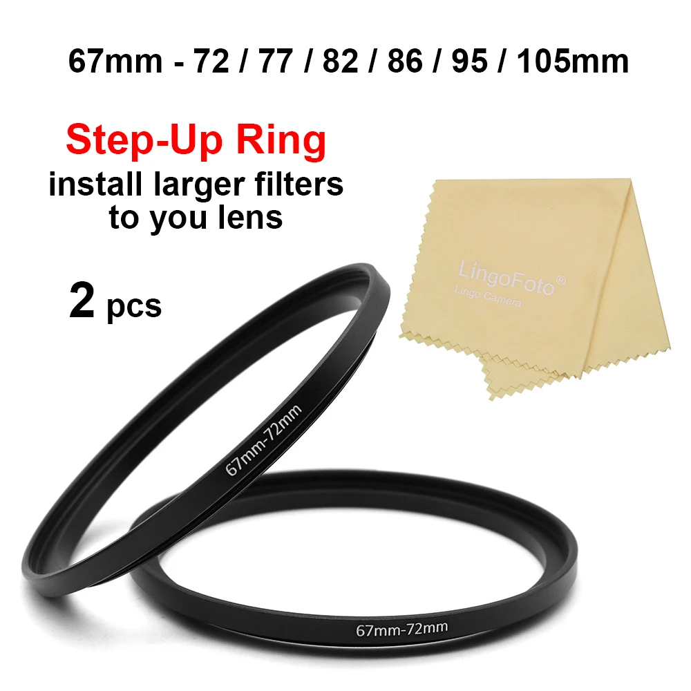 

2pcs 67mm-72/77/82/86/95/105mm Metal Step Up Ring Aluminum alloy Universal Lens Filter Adapter Ring with Lens Cleaning Cloth