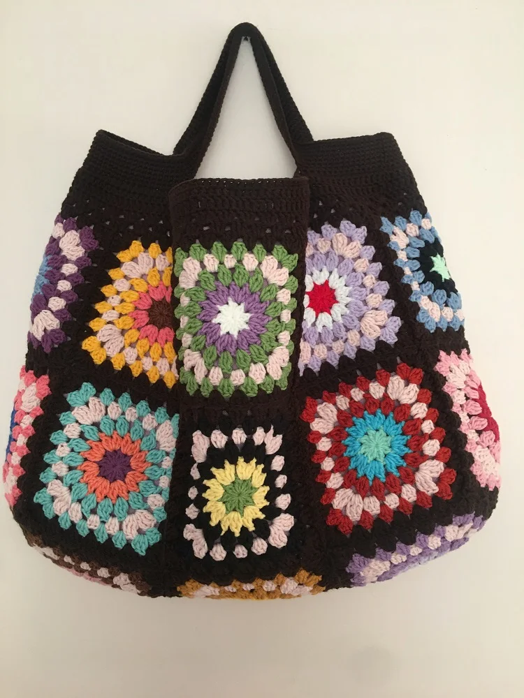 Dark Brown Crochet Bag Granny Square Bag Beach Bag Crochet Tote Bag Retro Bag Hippie Bag Summer Bag Boho Bag Free Shipping