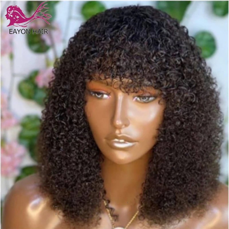 comprar Eayon Curto Encaracolado Bob Peruca Com Franja Brasileira Remy Cabelo Humano Máquina O Couro Cabeludo Perucas Superiores 18