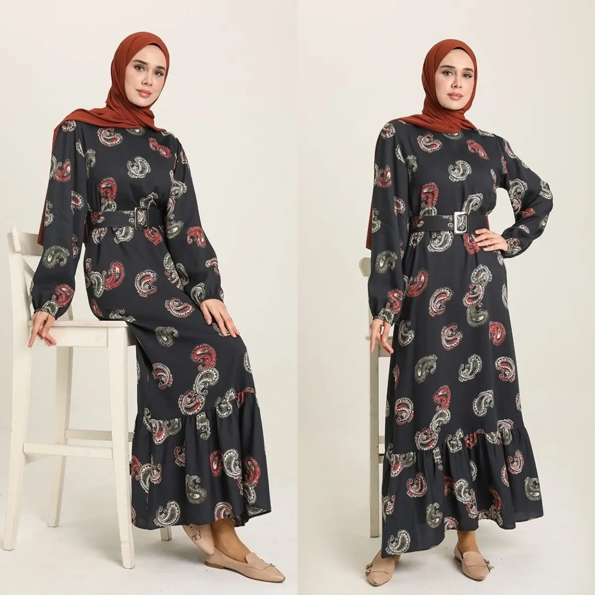 

Muslim Fashion Woman امرأة Mujer женщина Seosonal Casual Patterned Belted Viscose Dress Long Sleeves Ramadan Dubai Turkey