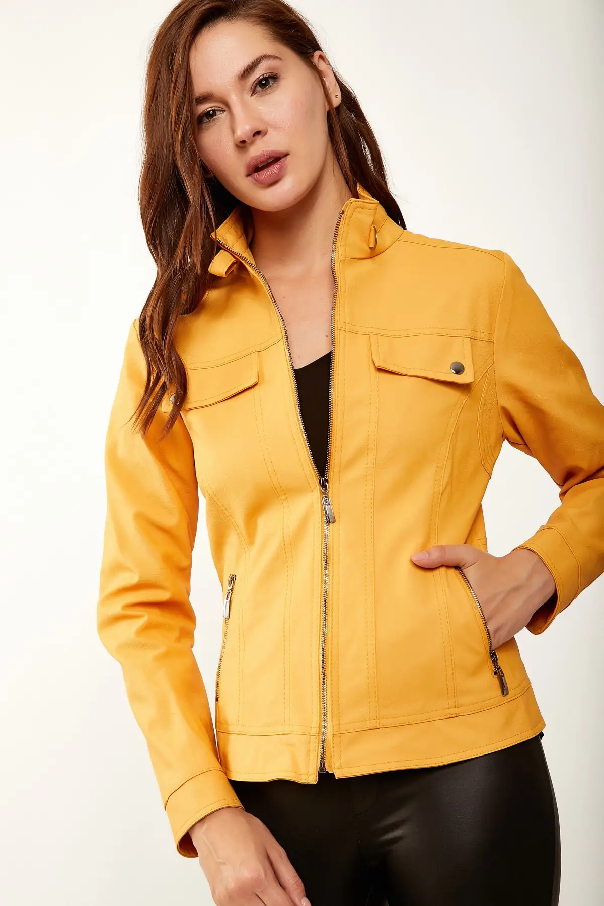 Счастье ist. Женский горчичный Байкерский жакет из искусственной кожи DD00224|Женские