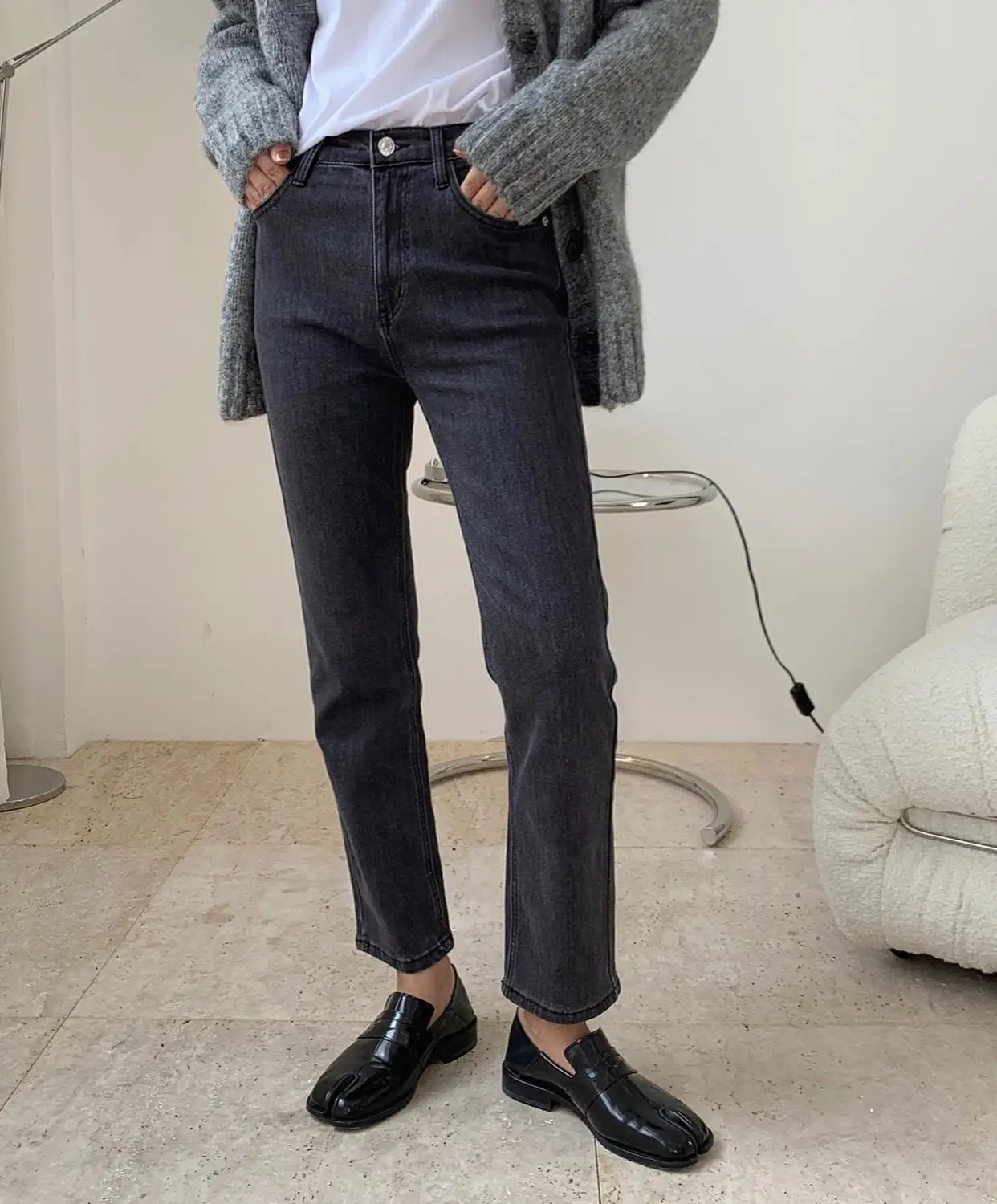 

woman cotton straight stretch black long jeans