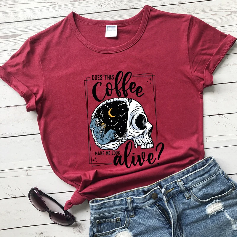 

Colored Does This Coffee Make Me Look Alive T-shirt Skeleton Drinking Coffee Goth Tshirt Spooky Halloween Graphic Tee Shirt Top