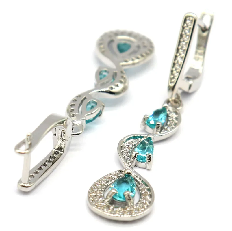 Длинные серьги SheCrown из розового турмалина с аквамарином и белым фианитом для