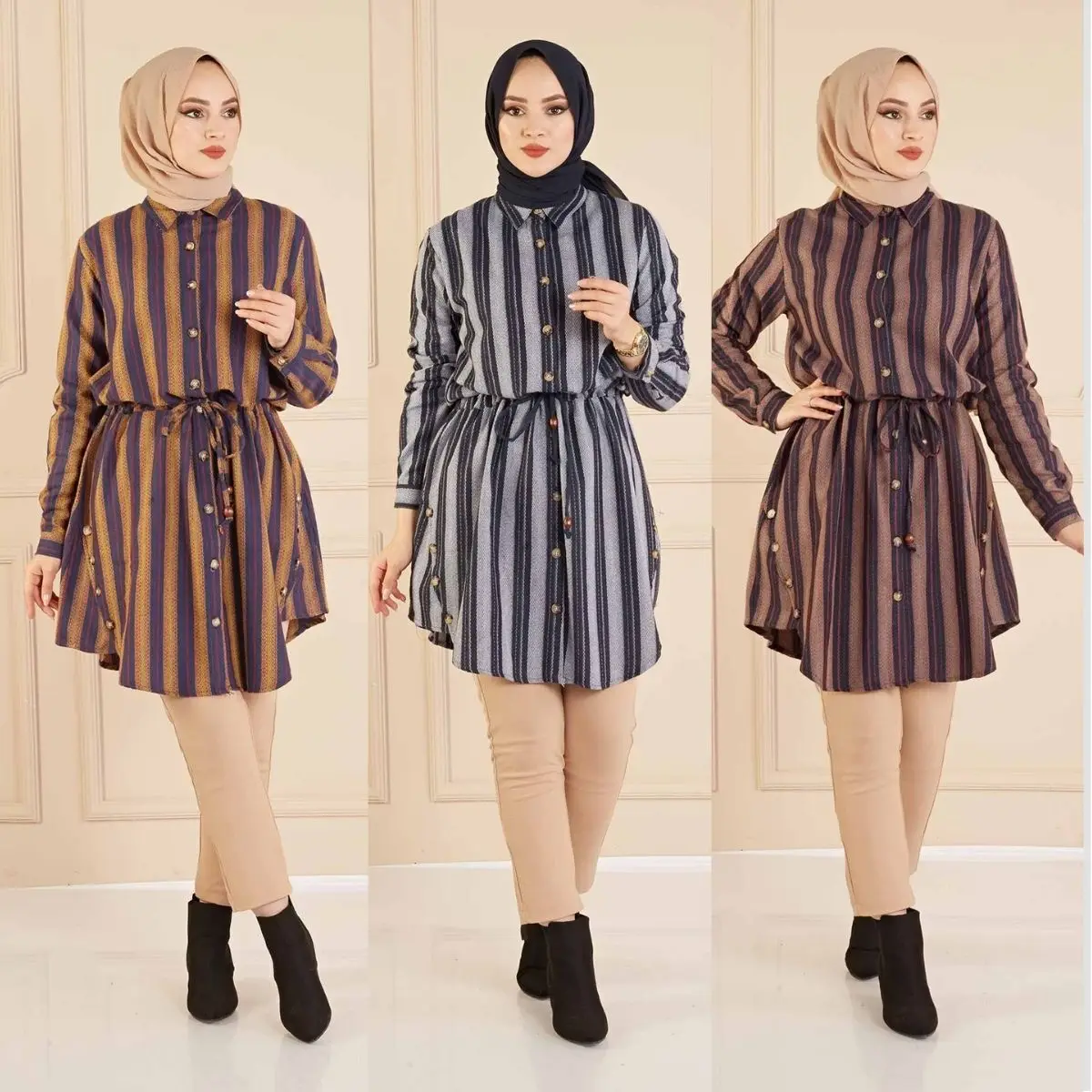 

Striped Waist Belted Tunic Buttoned Long Cuff Sleeve Shirt Collar Seasonal Loose Women Muslim Fashion Hijab Clothing Casual Casu