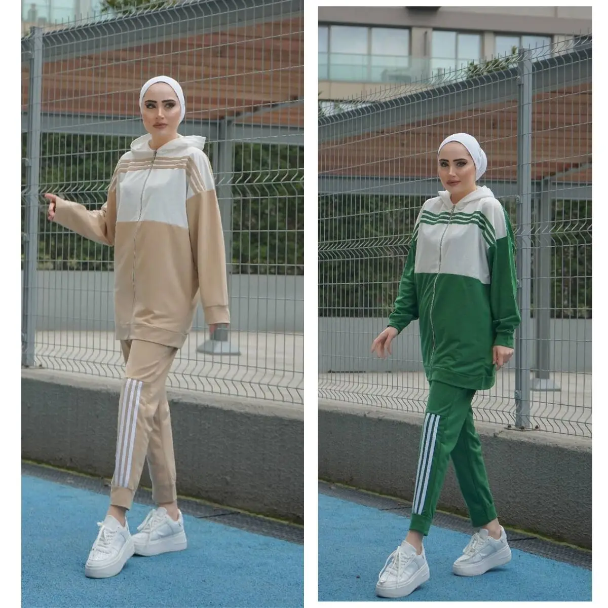 Hooded Double Tracksuit Suit Long Sleeve Zippered Elastic Waist Women Muslim Fashion Mesh Dress Spring Wear Casual Islamic Dubai