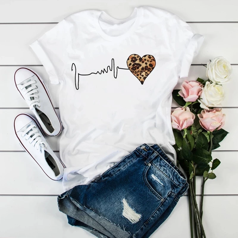 

Leopard Heartbeat Short Sleeve Print T-shirt Women Summer Cute Fashion Streetwear T Shirts Femme Harajuku Camisetas Verano Mujer