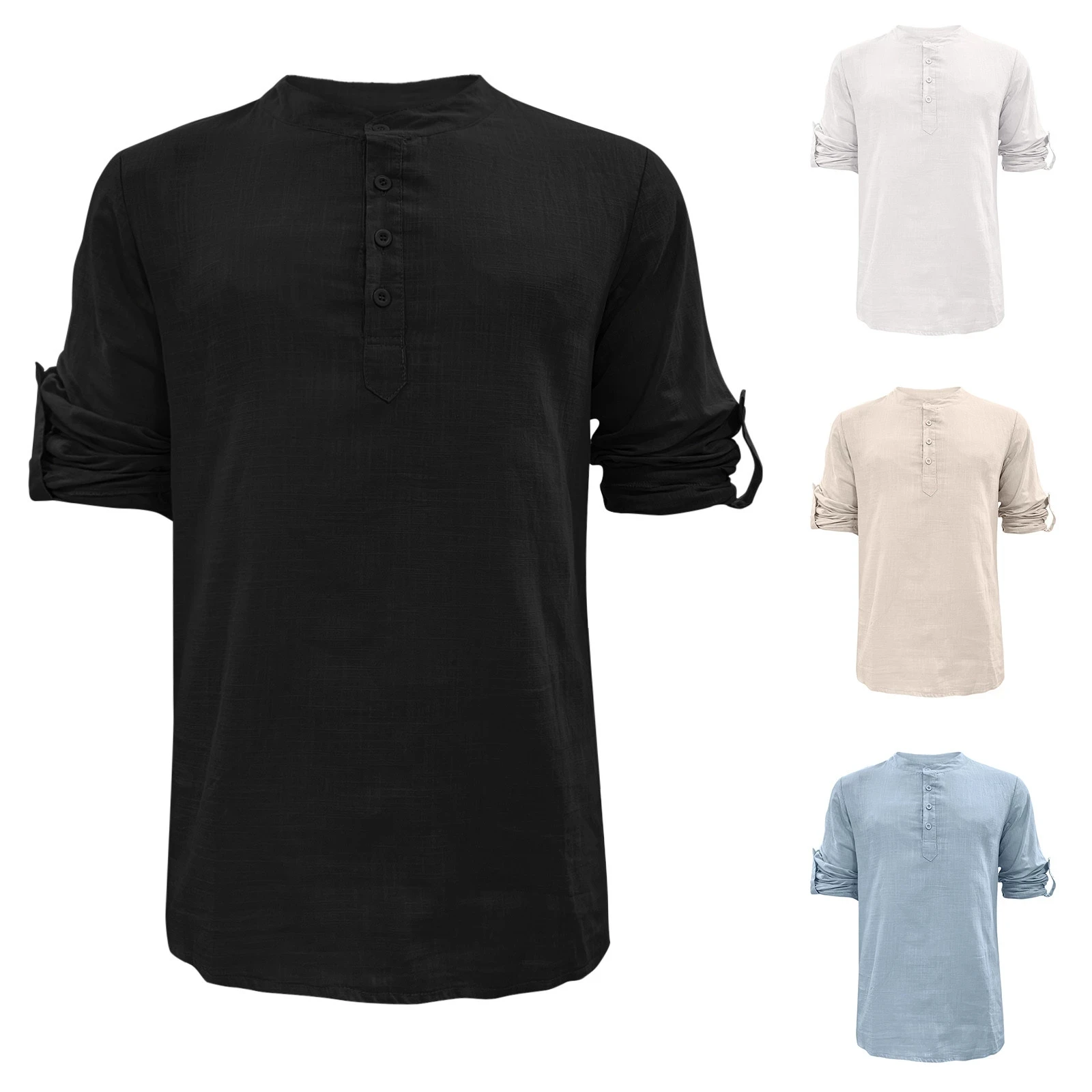 

Men's casual T-shirt cotton long sleeve solid O collar button top linen shirt