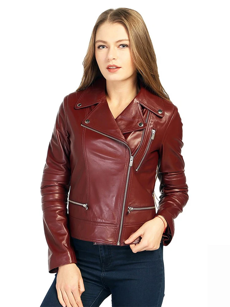 Genuine Soft Lambskin Leather Jacket Handmade Female Red Pink Leather Jacket Woman Coat Real Fur Custom Product Jackets