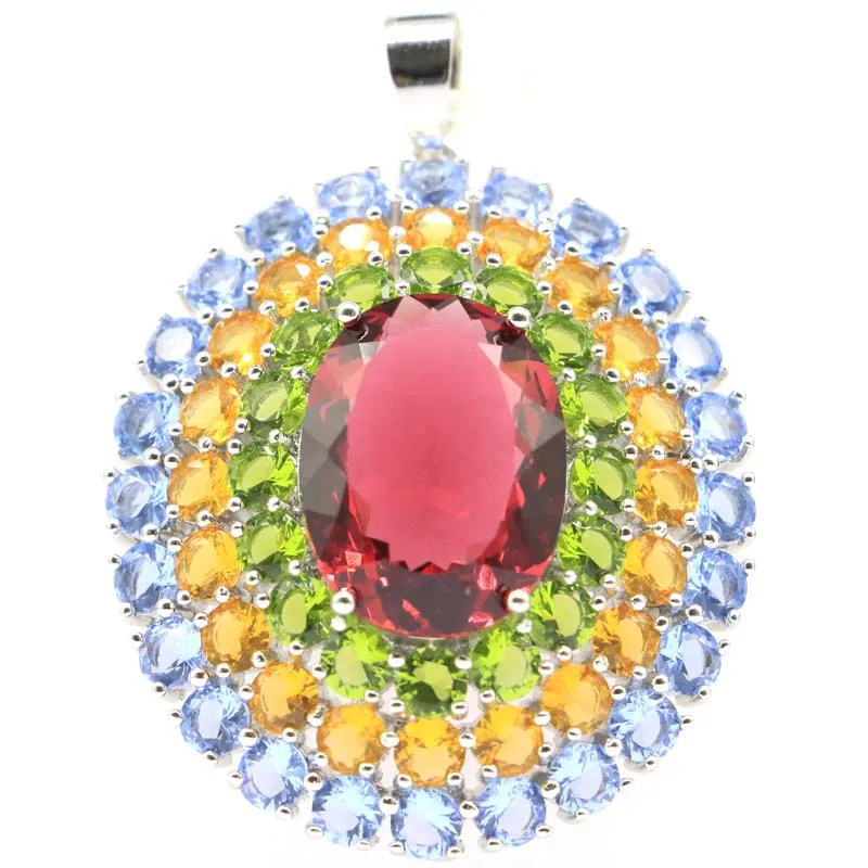 

49x37mm Big Multi Color 17g Created Smokey Topaz Tourmaline Peridot Citrine Women Dating Eye Catching Silver Pendant