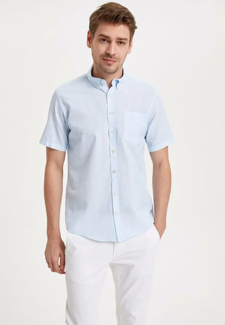 Мужская Повседневная рубашка DeFacto однотонная короткая хлопковая с отложным
