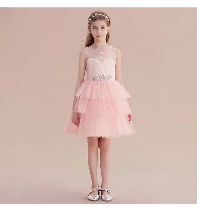 

Pearl Pink Flower Girls Dresses Bow Sash Puffy Tulle Children Pageant Ball Gown Short Kids Birthday Communion Wears Knee Length